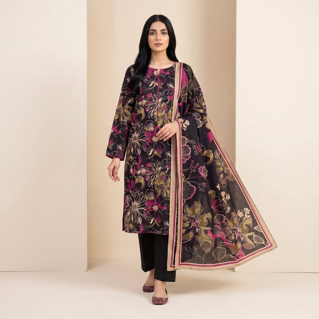 Premium 3 Piece Slub Dorya Printed Shirt with Matching Dupatta & Plain Dyed Trouser