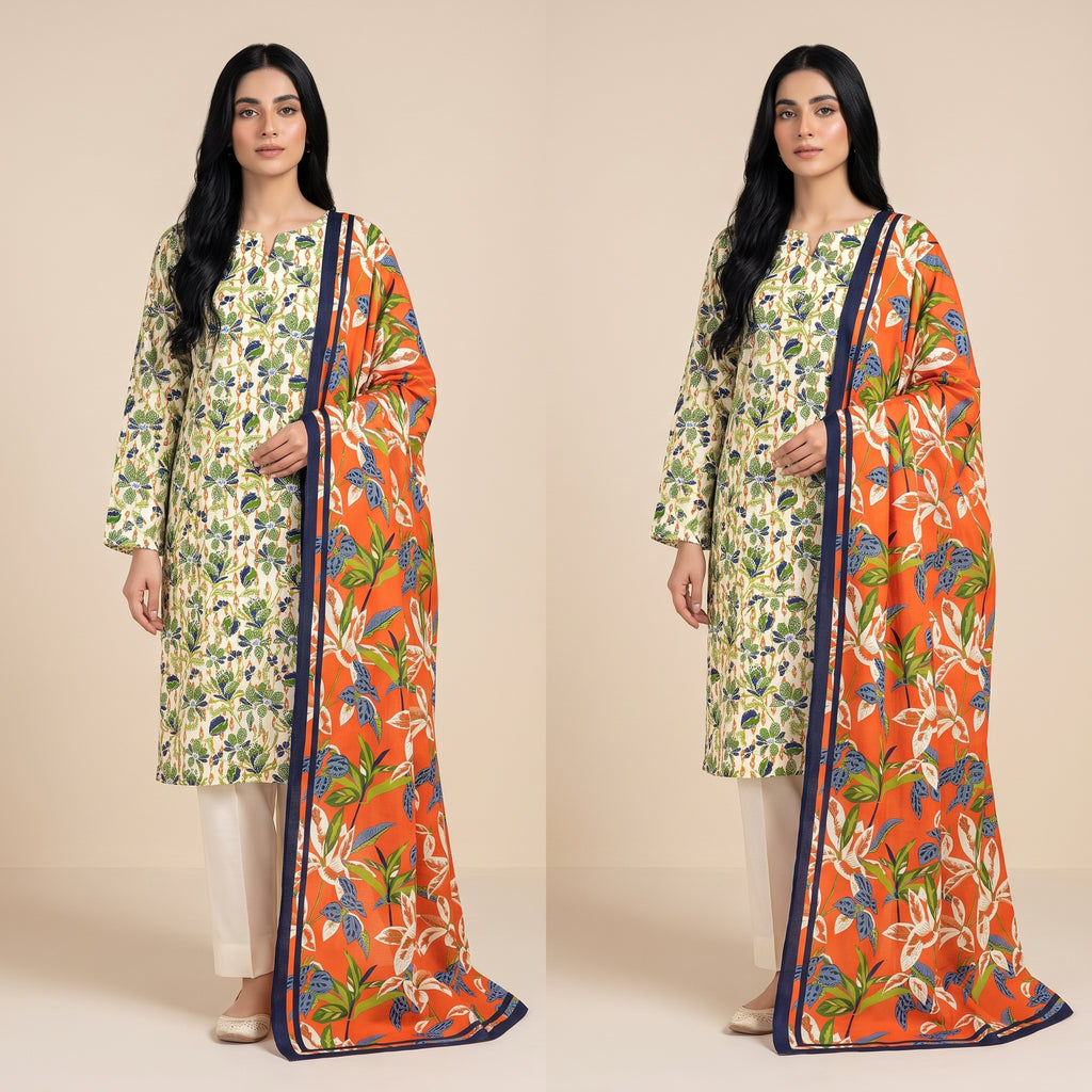 Premium Slub Dorya Printed 3-Piece Unstitched Suit with Matching Printed Dupatta & Plain Dyed Trouser