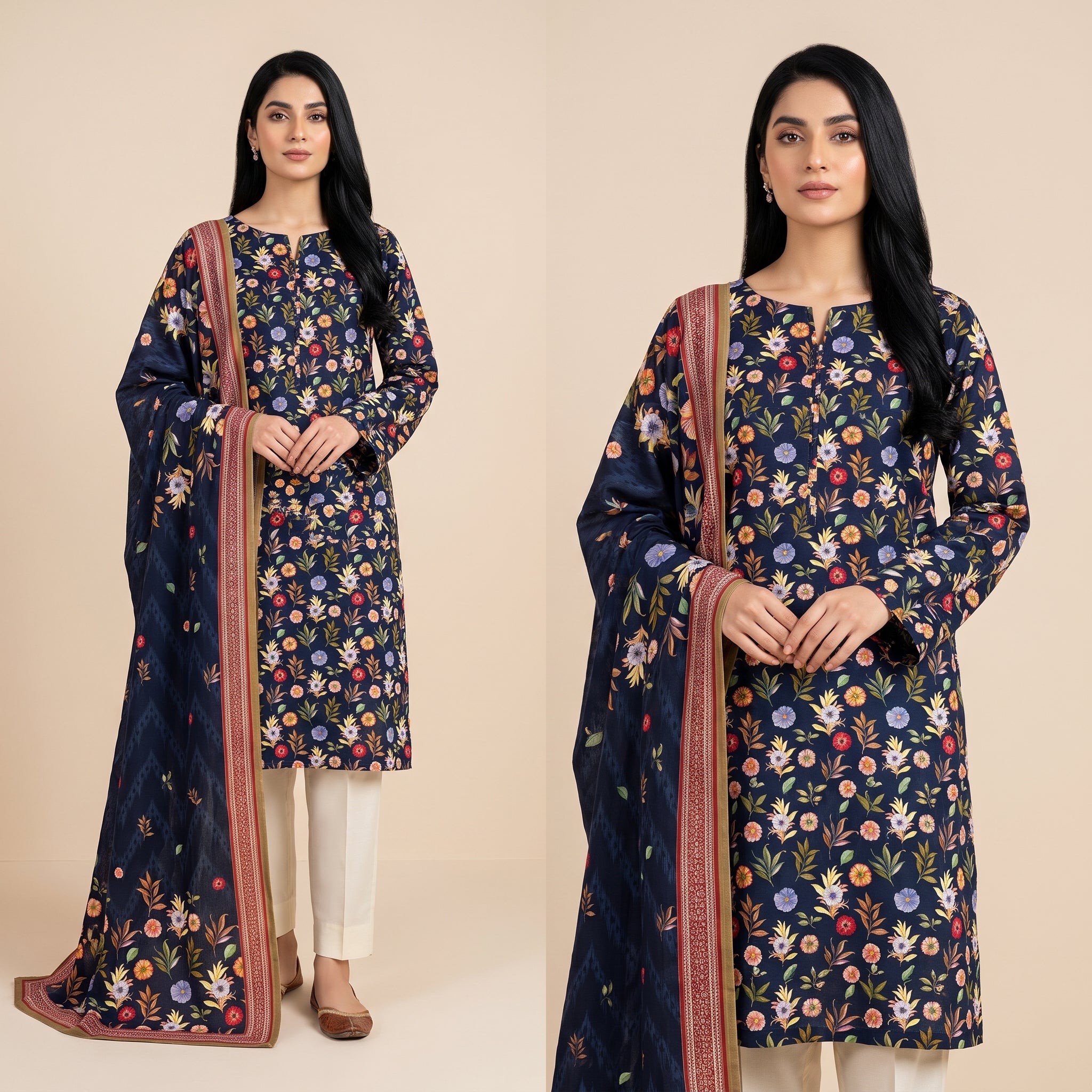 Premium Slub Dorya Printed 3-Piece Unstitched Suit with Matching Printed Dupatta & Plain Dyed Trouser