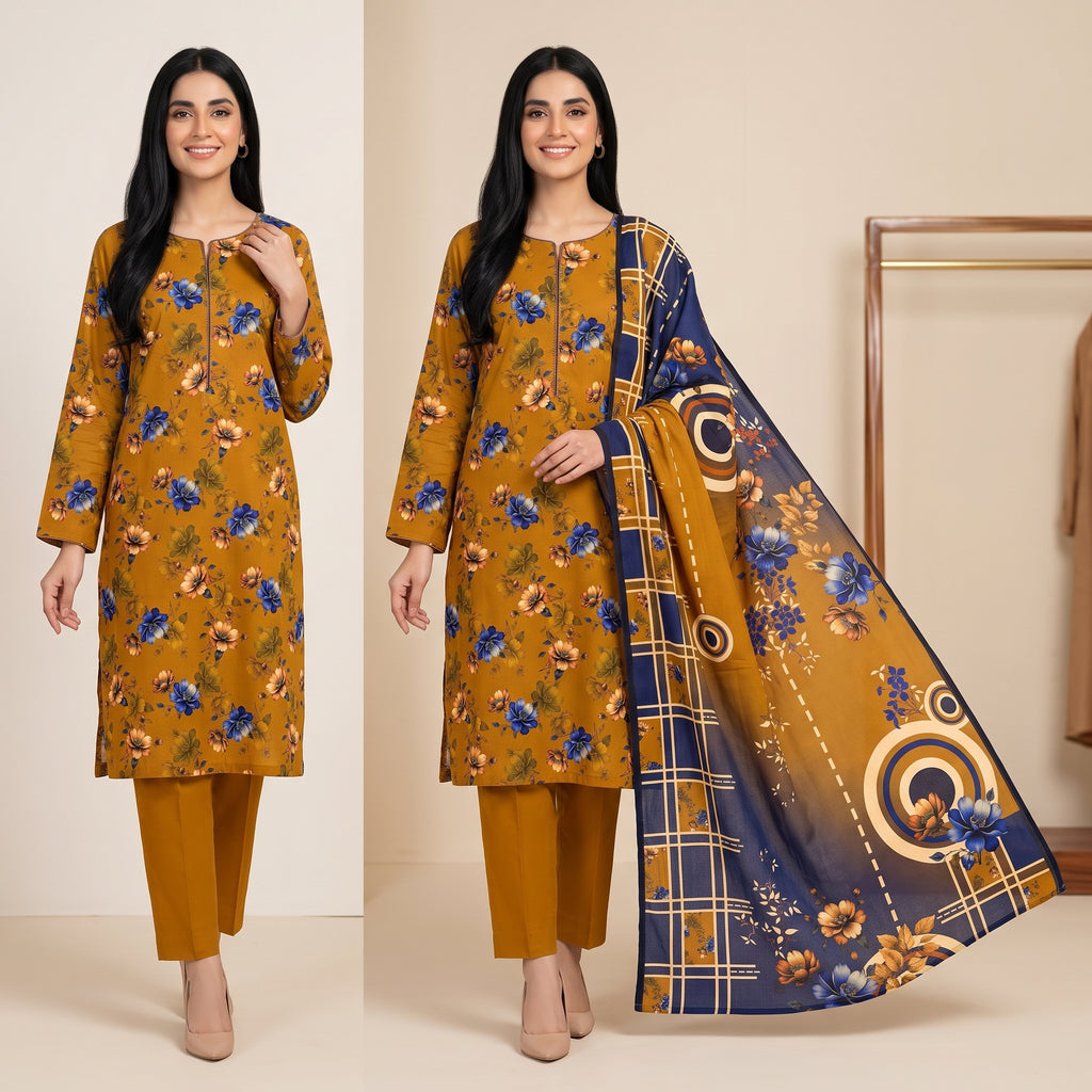Premium 3 Piece Slub Dorya Printed Shirt with Matching Dupatta & Plain Dyed Trouser