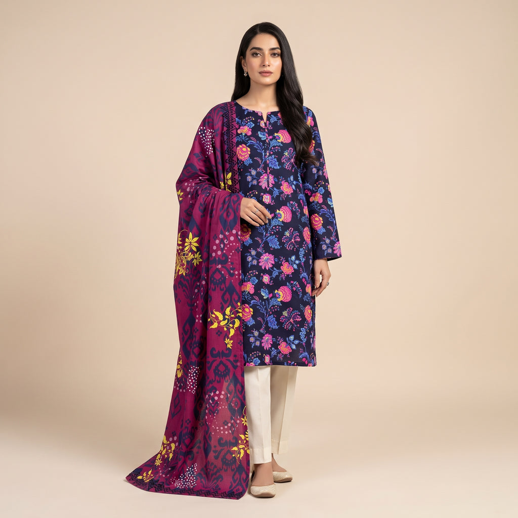 Premium Slub Dorya Printed 3-Piece Unstitched Suit with Matching Printed Dupatta & Plain Dyed Trouser