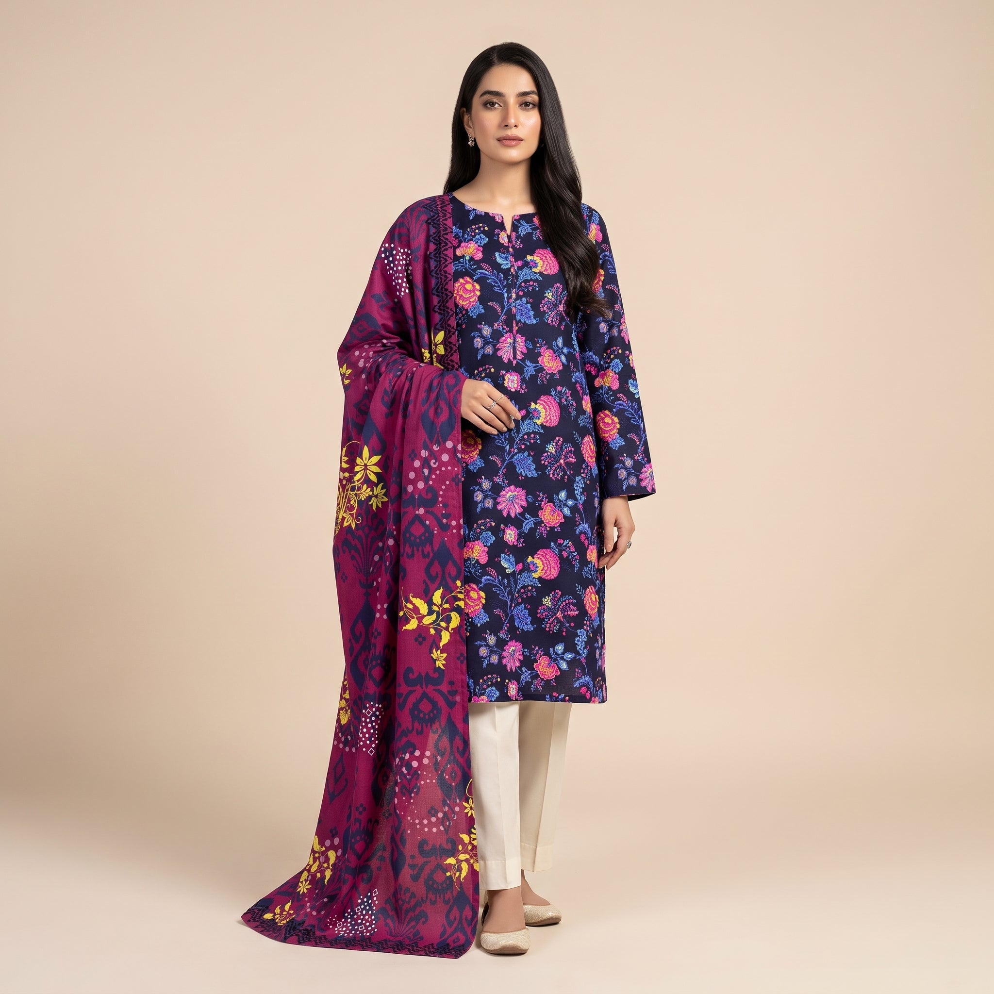 Premium Slub Dorya Printed 3-Piece Unstitched Suit with Matching Printed Dupatta & Plain Dyed Trouser