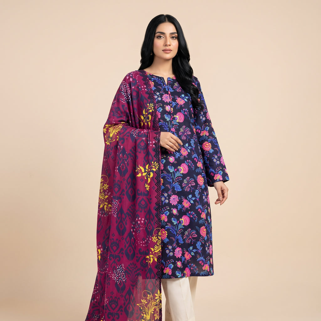 Premium Slub Dorya Printed 3-Piece Unstitched Suit with Matching Printed Dupatta & Plain Dyed Trouser