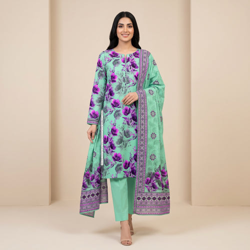 Premium 3 Piece Slub Dorya Printed Shirt with Matching Dupatta & Plain Dyed Trouser
