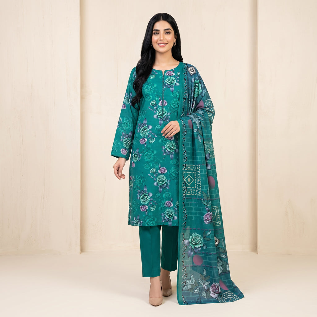 Premium 3 Piece Slub Dorya Printed Shirt with Matching Dupatta & Plain Dyed Trouser