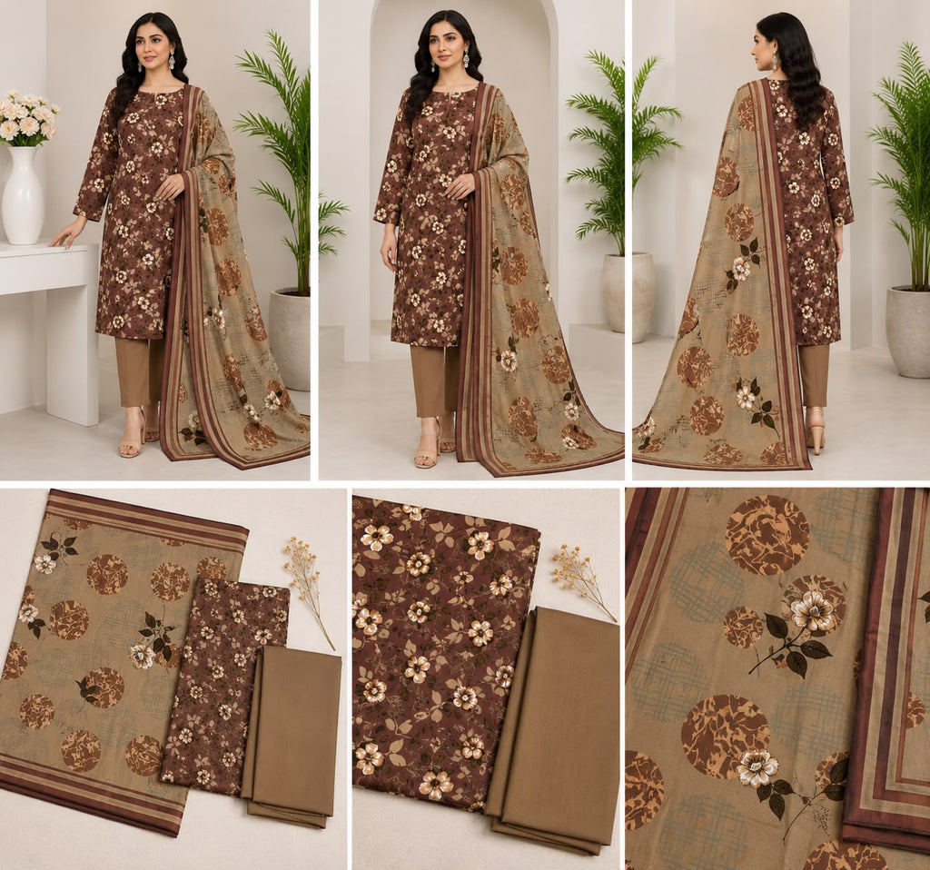 Luxury 3-Piece Slub Dorya Printed Suit | Matching Dupatta & Plain Dyed Trouser