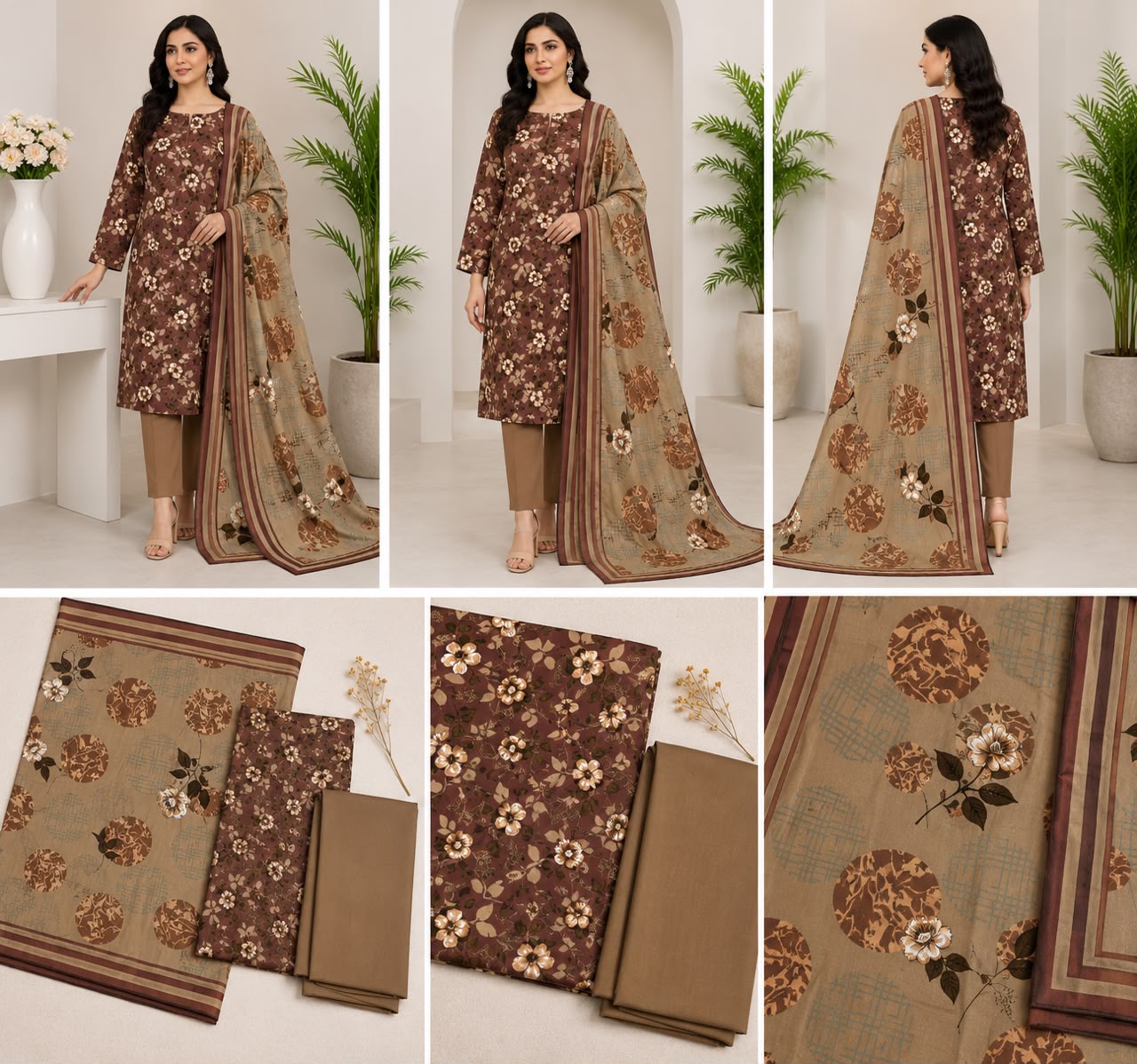 Luxury 3-Piece Slub Dorya Printed Suit | Matching Dupatta & Plain Dyed Trouser