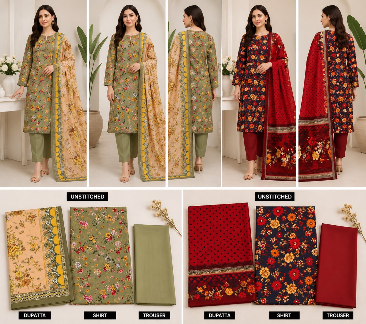 Luxury 3-Piece Slub Dorya Printed Suit | Matching Dupatta & Plain Dyed Trouser