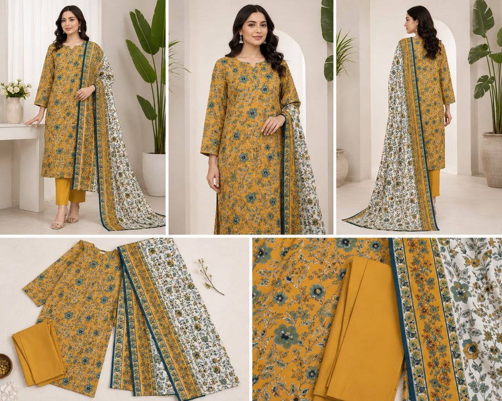 Luxury 3-Piece Slub Dorya Printed Suit | Matching Dupatta & Plain Dyed Trouser