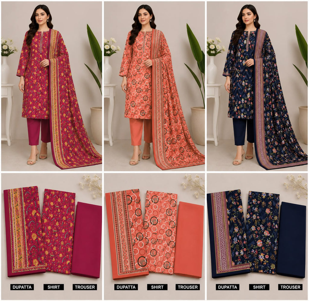 Luxury 3-Piece Slub Dorya Printed Suit | Matching Dupatta & Plain Dyed Trouser