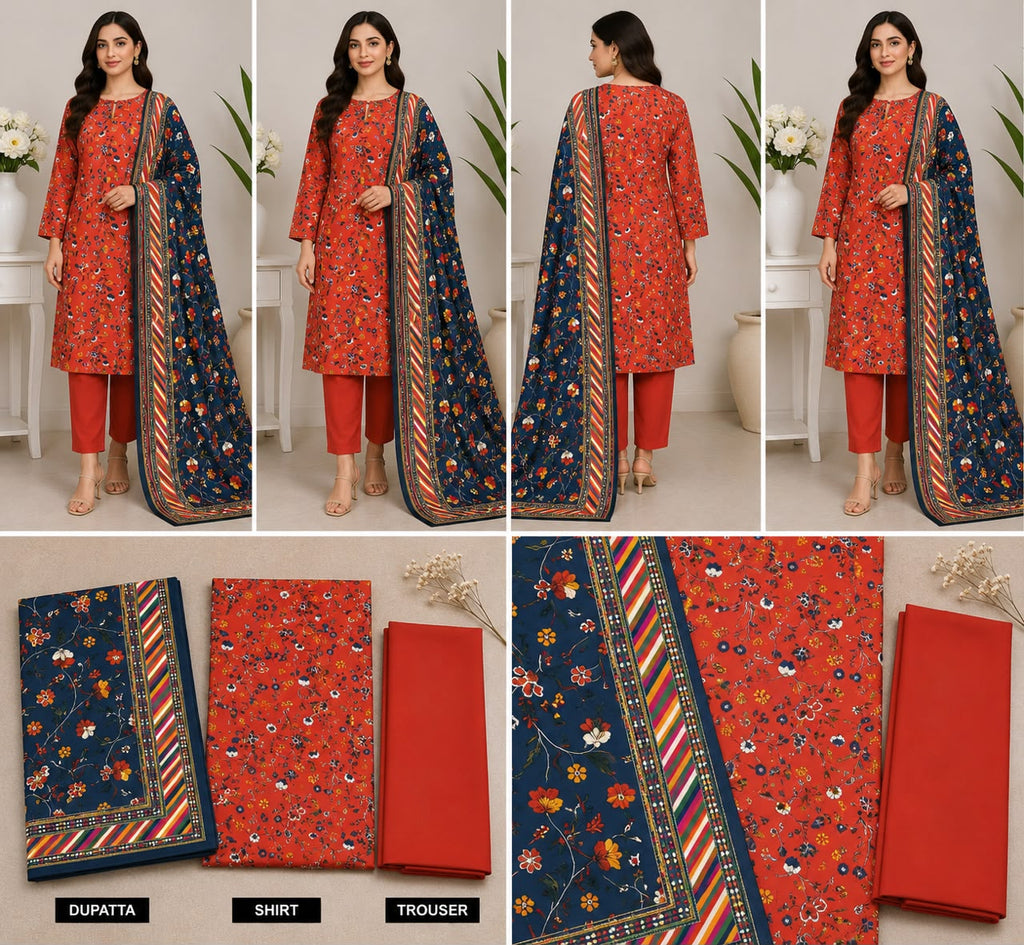 Luxury 3-Piece Slub Dorya Printed Suit | Matching Dupatta & Plain Dyed Trouser