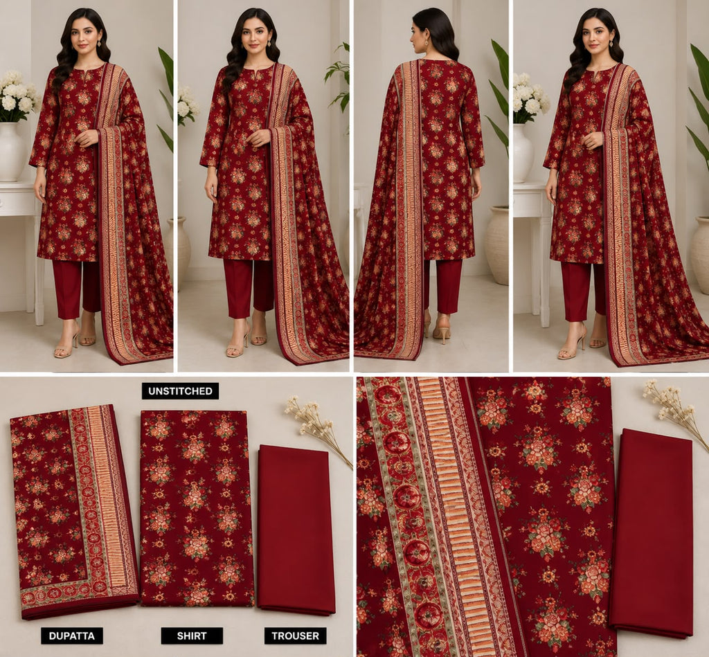 Luxury 3-Piece Slub Dorya Printed Suit | Matching Dupatta & Plain Dyed Trouser
