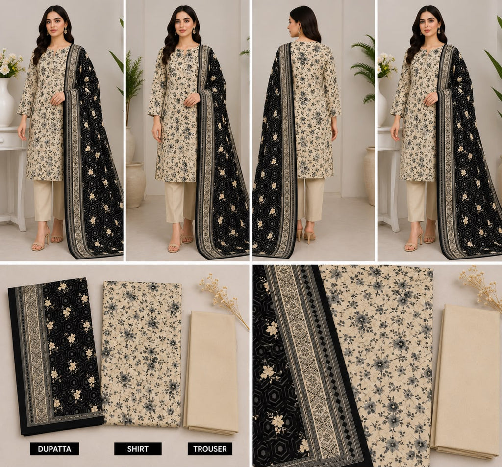 Luxury 3-Piece Slub Dorya Printed Suit | Matching Dupatta & Plain Dyed Trouser