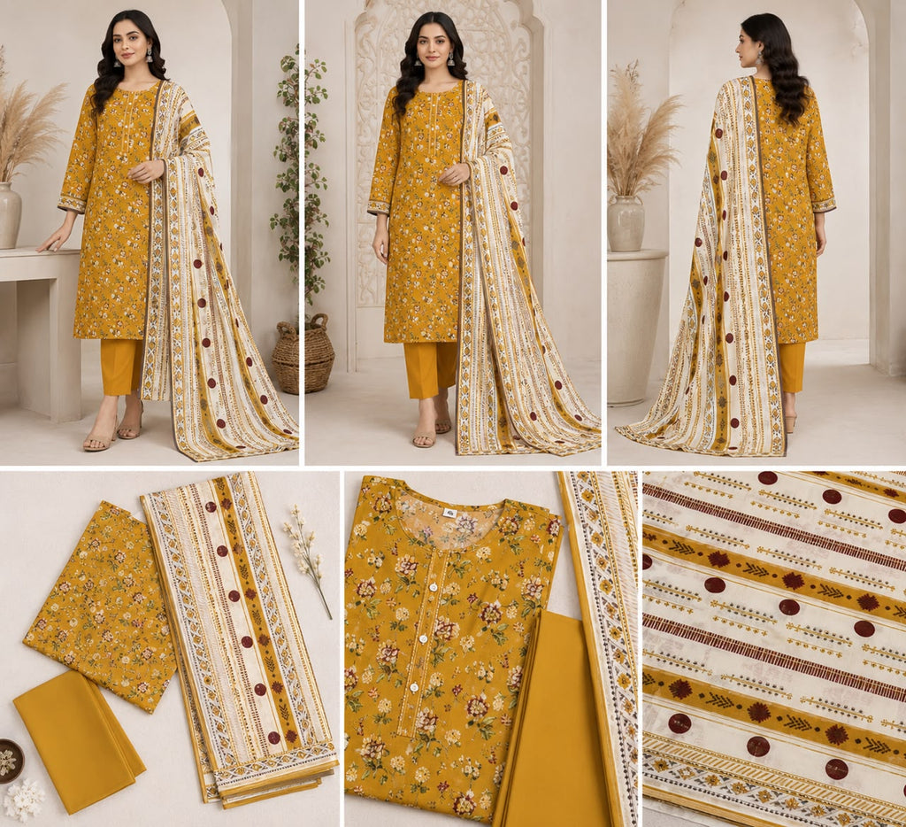 Luxury 3-Piece Slub Dorya Printed Suit | Matching Dupatta & Plain Dyed Trouser