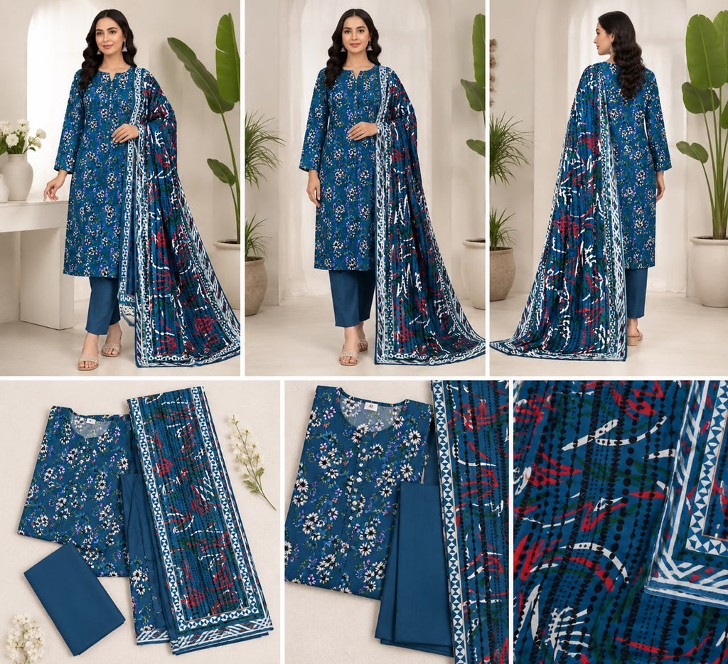 Luxury 3-Piece Slub Dorya Printed Suit | Matching Dupatta & Plain Dyed Trouser