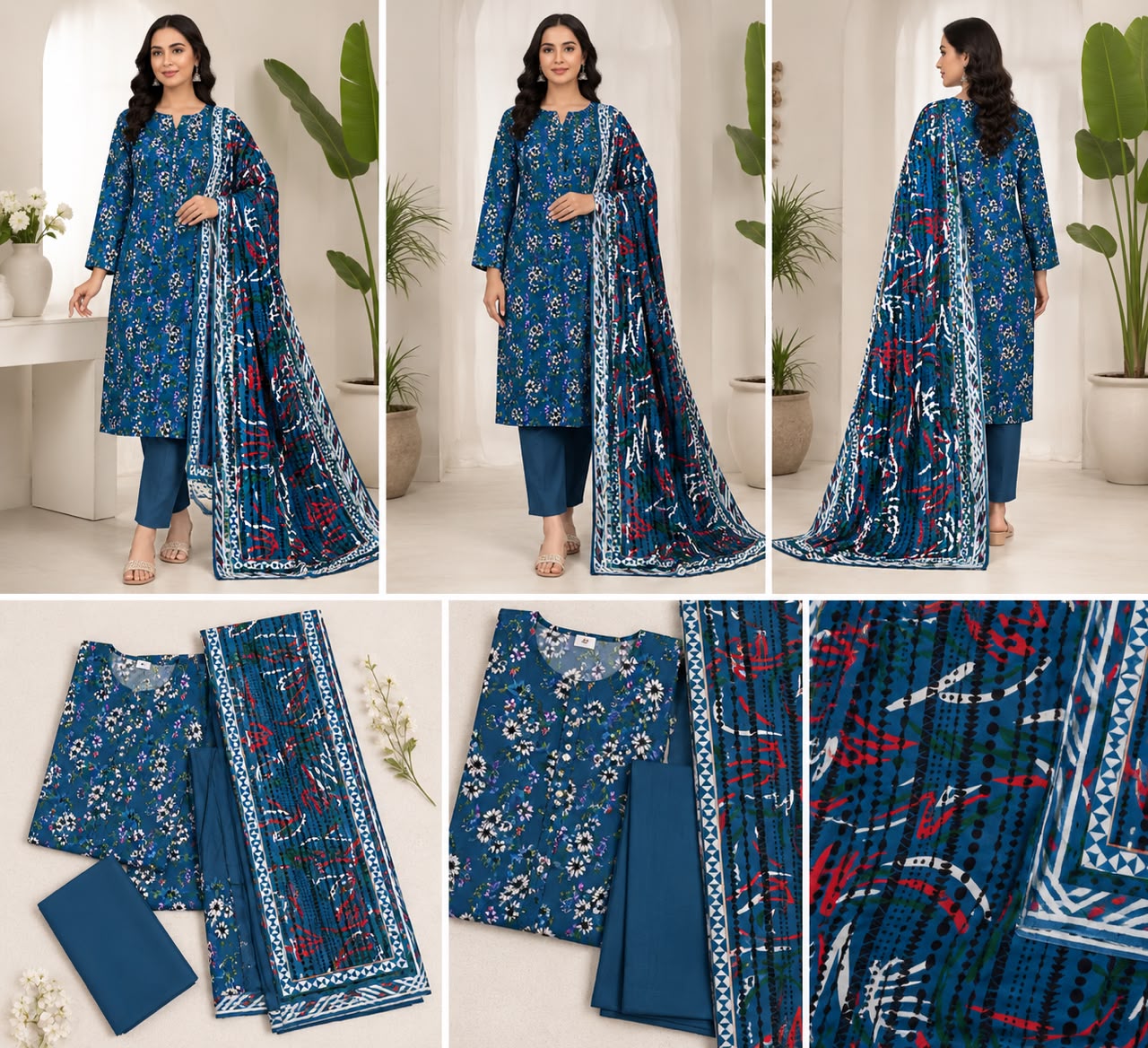 Luxury 3-Piece Slub Dorya Printed Suit | Matching Dupatta & Plain Dyed Trouser