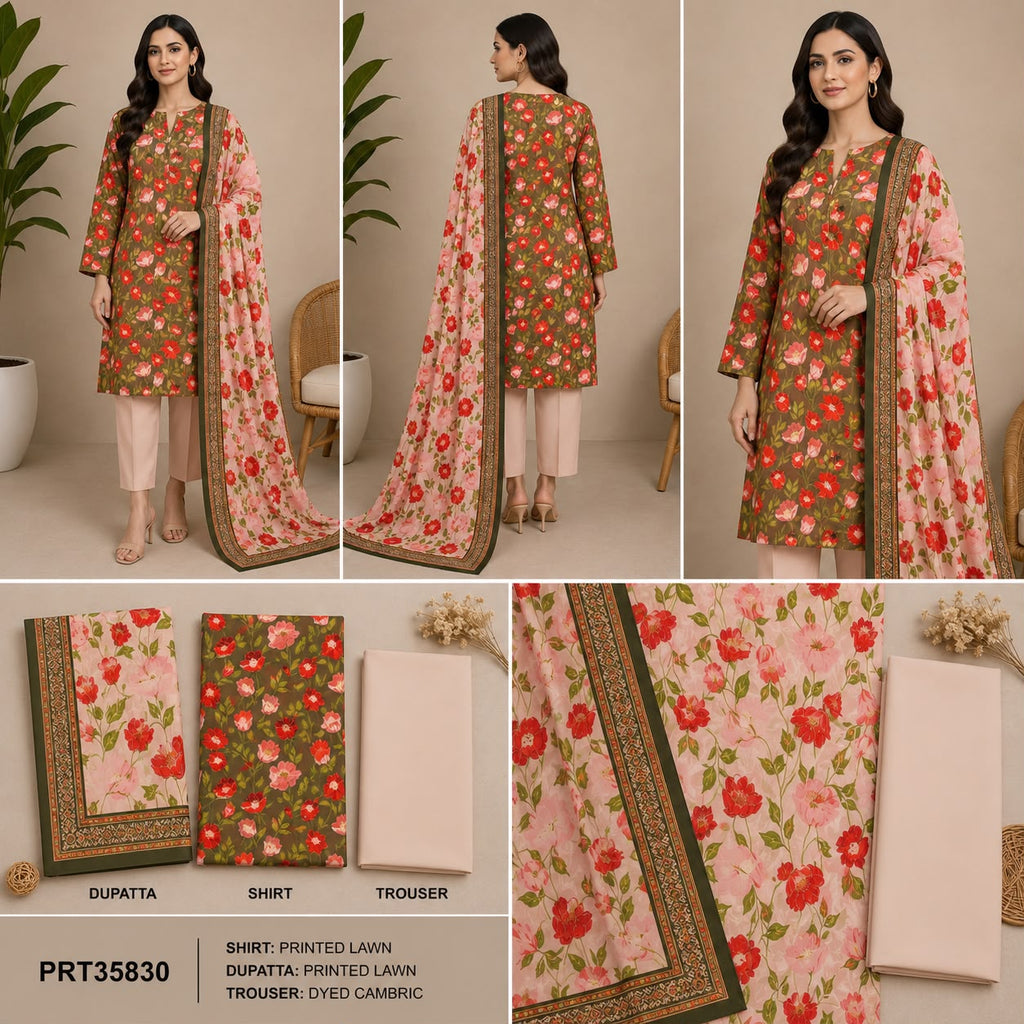 Luxury 3-Piece Slub Dorya Printed Suit | Matching Dupatta & Plain Dyed Trouser