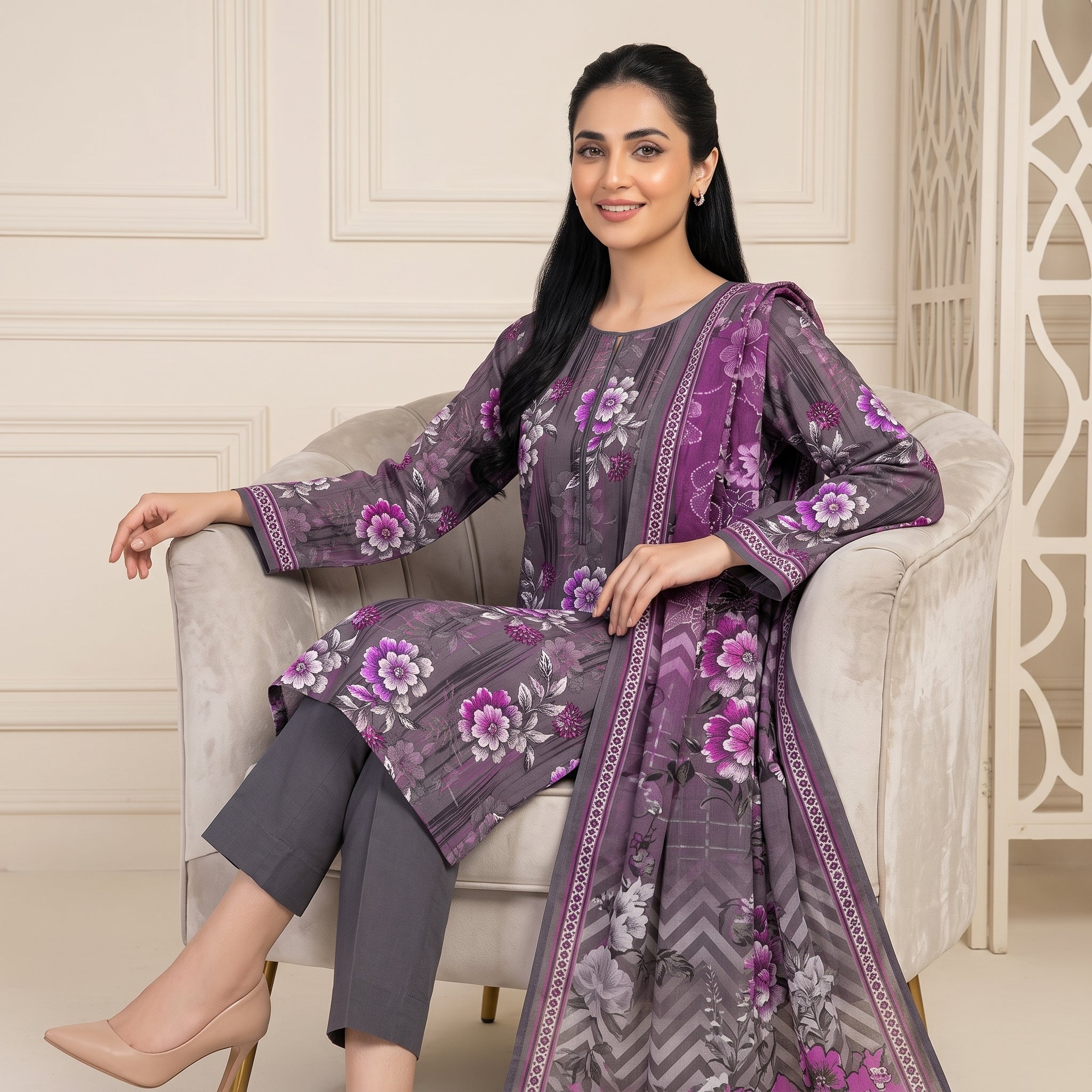 Premium 3 Piece Slub Dorya Printed Shirt with Matching Dupatta & Plain Dyed Trouser